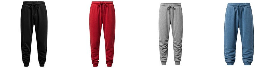 Realistic Sweatpants Joggers Mockup Set Isolated on White Background Black Red Grey and Blue Blank Fleece Trousers for Apparel Design Template PNG Transparent © Usman