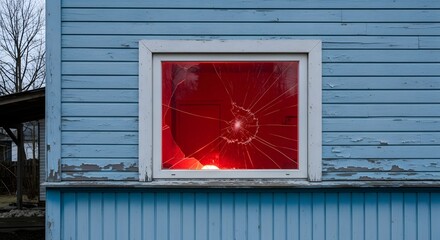 Shattered window in light blue weathered wooden house with red interior visible through cracks broken glass