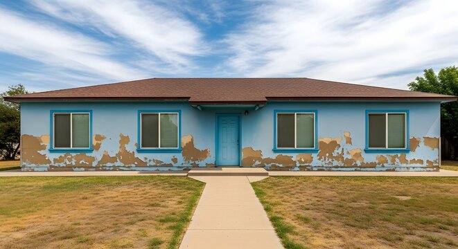 Single story blue house with peeling paint and brown roof in suburban setting