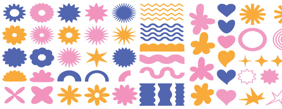 Abstract geometric shape collection: Set of 50+ retro stars, flowers, and wavy lines