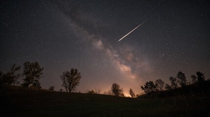 Bright Meteor Falling Across the Milky Way Night Sky