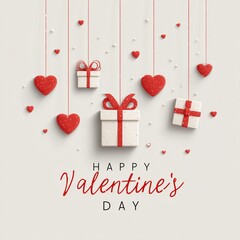 Valentine&rsquo;s Day decorations with hanging hearts and gift boxes.