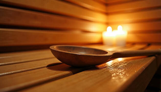 Traditional wooden sauna ladle on a bench with candles in background