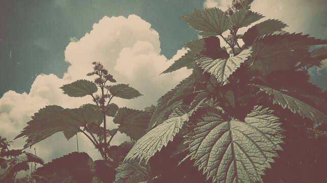 Overgrown foliage rises dramatically toward a bright, cloudy sky with a vintage filter effect
