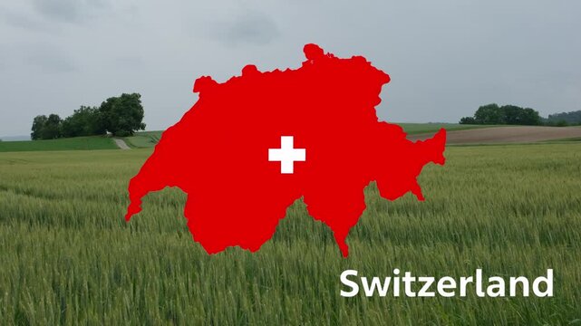 Versorgung mit Getreide in der der Schweiz durch inl&auml;ndische Produktion und Importe, Schweizer Landkarte mit Weizenfeld Landschaft im Hintergrund