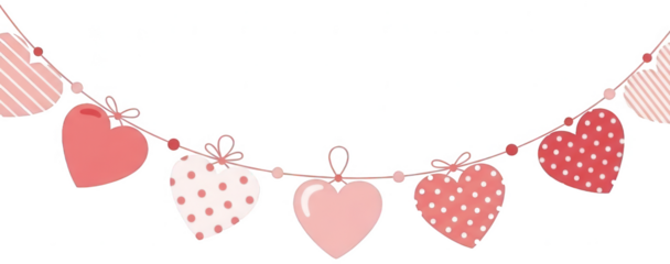 Valentine Romantic valentines day heart bunting banner design decorative garland featuring pink and red patterned hearts strung together for festive decoration