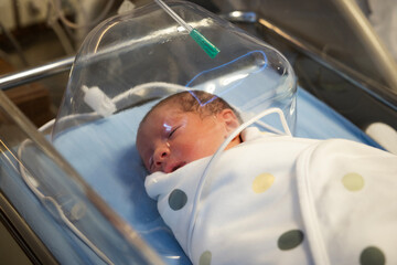 Newborn infant sleeping wrapped in a blanket inside a clear incubator in a hospital's neonatal...