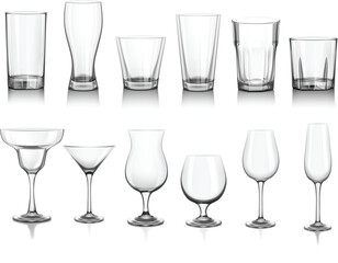 Assortment of empty clear glasses on white background