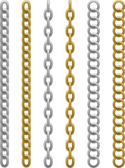 Gold and silver chains on white background metal links