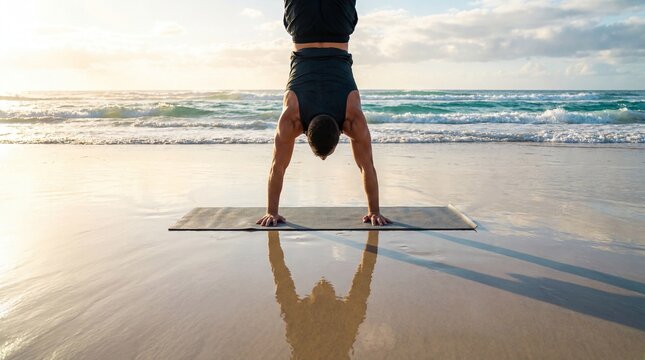 Young man doing handstand on beach, yoga exercise, sunset ocean background, fitness workout, healthy lifestyle, male balance training, outdoor summer sport, sand reflection, sunrise morning wellness.