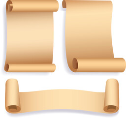 Three beige scrolls on white background paper rolled