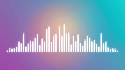 Glowing white audio spectrum visualizer bars pulse dynamically against a soft gradient background representing music or sound waves. - Powered by Adobe