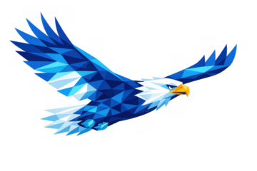 Flying eagle, geometric animal design in blue triangle shapes, symbolizing freedom, power, and vision, on a transparent background