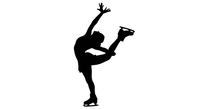 Solo female figure skater executing beautiful Biellmann spin pose with arm raised high in graceful curve