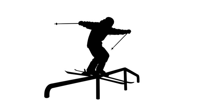 Freestyle skier black silhouette, male athlete sliding on a rail, showcasing extreme winter sport and daring stunts