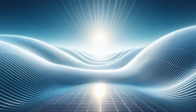 calm abstract futuristic background showing minimal white solar cell texture subtle grid pattern curves toward serene blue horizon with bright light and gentle wave