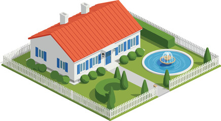 Isometric suburban house with garden and fountain illustration, modern residential property exterior with fence and landscaping, real estate architecture visualization isolated on white background
