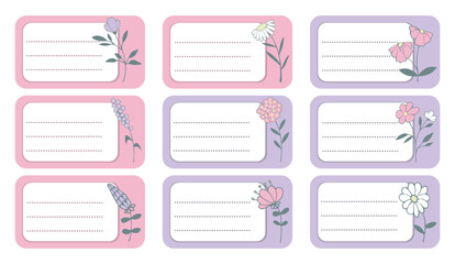 Notebook labels with cute kids icons of flowers, colorful design, template for schoolbook labels. Set bright name stickers for notebook. Back to school labels. Name and Class