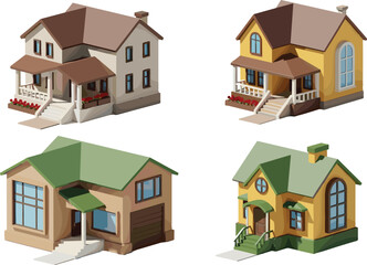 Isometric suburban houses 3D illustration set, modern and classic residential family homes, colorful real estate architecture visualization isolated on white background for property and 