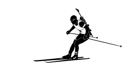 Biathlon athlete skiing with rifle on back showing intense action during winter cross country race competition