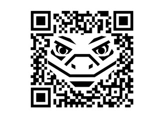 Minimalist black and white vector illustration of a scannable QR code forming a stylized komodo dragon face. Clean geometric shapes, flat design, high contrast, editable and suitable for commercial st