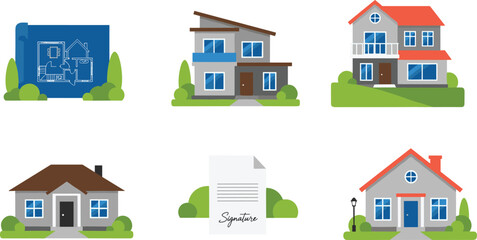 Real estate process icons set, house plans, property documents and modern home illustrations, residential architecture symbols for buying, selling and construction concepts isolated 
