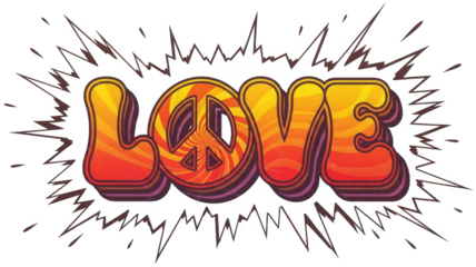 Valentine retro psychedelic love word with peace symbol and sunburst on transparent background