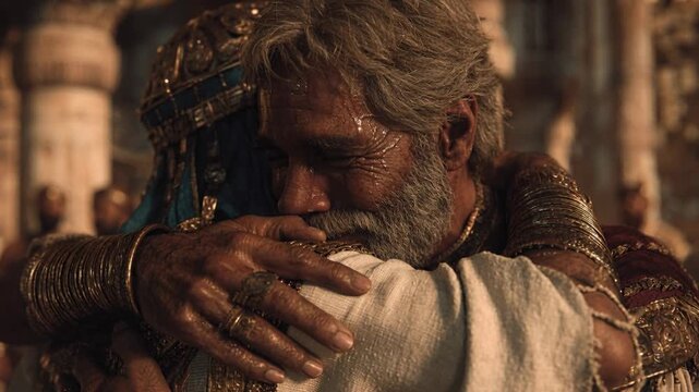 Emotional reunion of Joseph and his father Jacob in Egypt, Biblical scene of embrace and tears of joy from Genesis 46. Pentateuch .