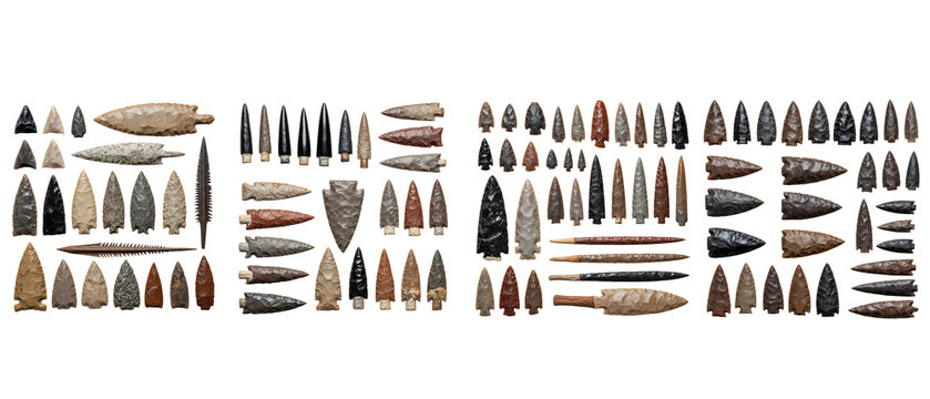 A large collection of ancient arrowheads and spearheads isolated on a white background.