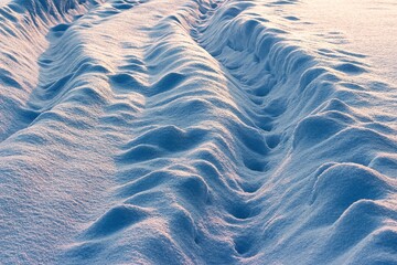 Winding snow ruts etched into a pristine winter field glow under the warm evening sun. Abstract...