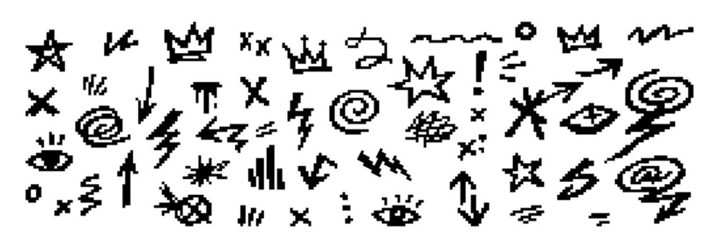 Collection of black pixel art doodle elements including stars, crowns, arrows, and lightning bolts. Retro 8-bit vector icons for game design.