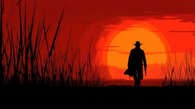 Silhouette of a gunslinger walking into a vibrant sunset across a grassy plain