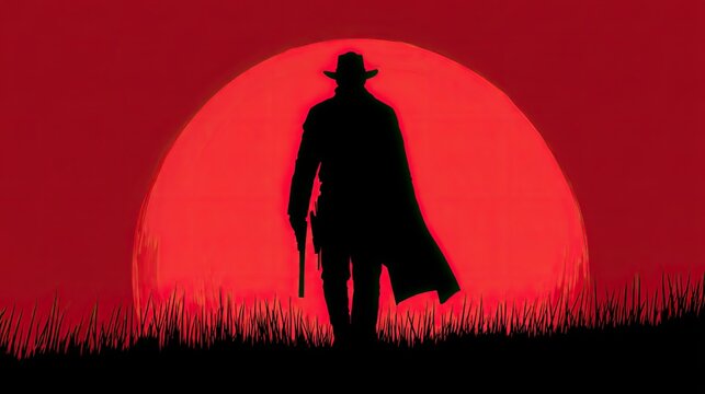 Silhouetted figure of a gunslinger stands against a massive red celestial body at twilight