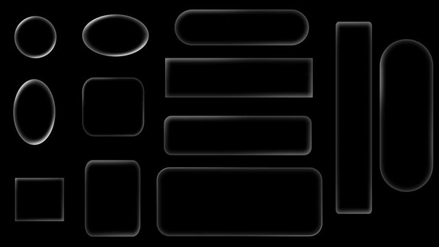 Set of translucent glassmorphism glass liquid buttons in various rounded shapes with alpha channel, transparent background, perfect for modern UI design mockups.