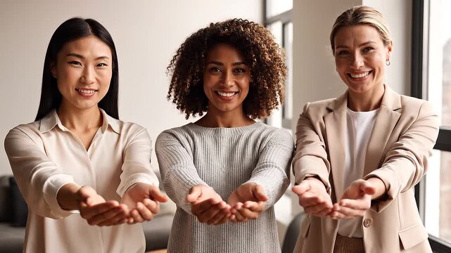 Diverse women standing together and giving support in modern office. Give to Gain concept for International Women&rsquo;s Day, inclusion, equality, corporate values and empowerment