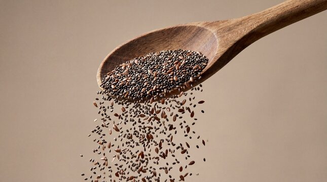 Wooden spoon pouring chia and flax seeds mixture, healthy superfood falling, organic ingredient, diet nutrition, vegan breakfast, macro closeup, dry grain sprinkle, isolated beige background.