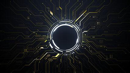 Golden circuit portal with electric wires radiating across dark background. Elegant tech design featuring semiconductor pathways and AI chip architecture for futuristic digital concepts.