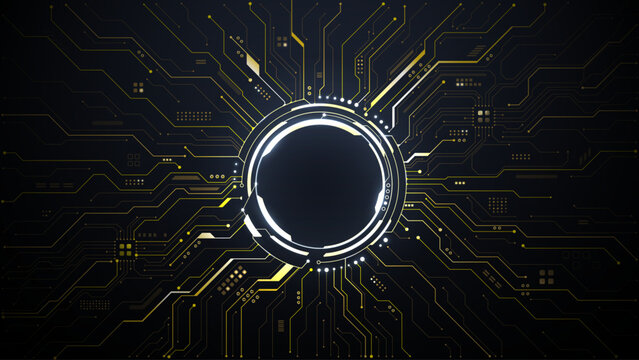Golden circuit portal with electric wires radiating across dark background. Elegant tech design featuring semiconductor pathways and AI chip architecture for futuristic digital concepts.