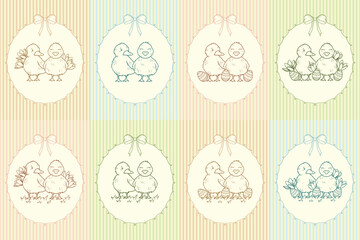 Collection of spring and Easter cute ducks, with flowers, easter eggs, pastel colors, fun vector art