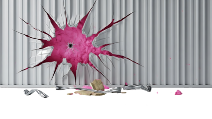 Shattered glass pink explosion on gray wall with debris isolated on a transparent background broken