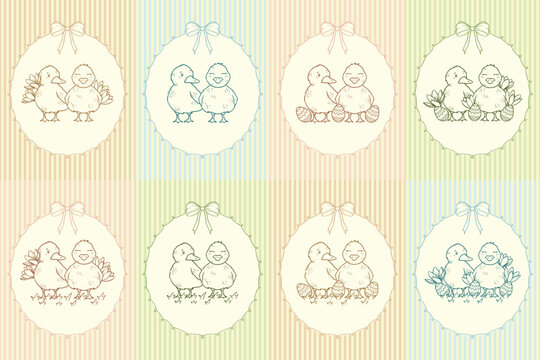 Collection of spring and Easter cute ducks, with flowers, easter eggs, pastel colors, fun vector art