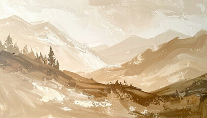 Beige acrylic painting of natural mountain landscape on canvas, visible brush strokes and texture
