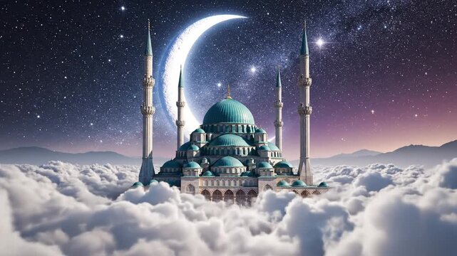 Idyllic mosque at night under crescent moon and starry sky