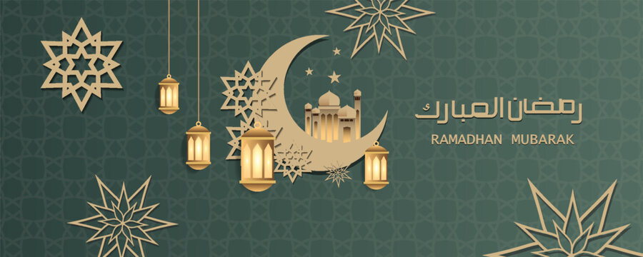 Ramadan Kareem design on green Islamic background with gold ornament star, moon, mosque, lanterns and islamic elements. Suitable for raya and ramadan template concept.