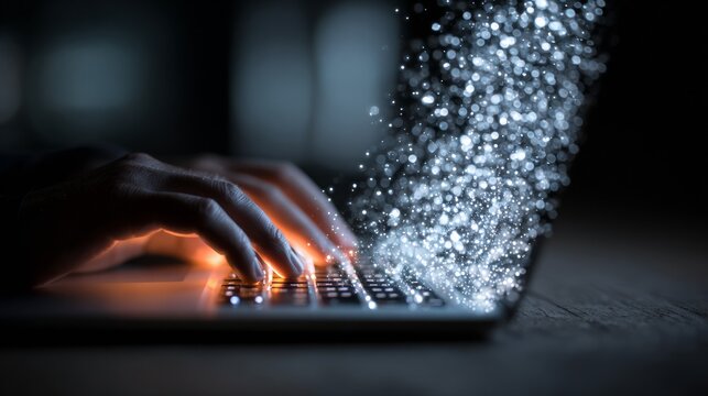 Close-up of a hand typing on a laptop keyboard with glowing keys and sparkling particles emerging from the device in a dark, atmospheric environment
