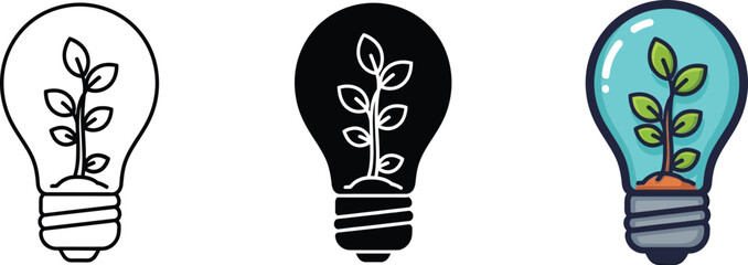 Eco-friendly innovation: a plant growing inside a light bulb symbolizing green energy isolated on white background, Vector