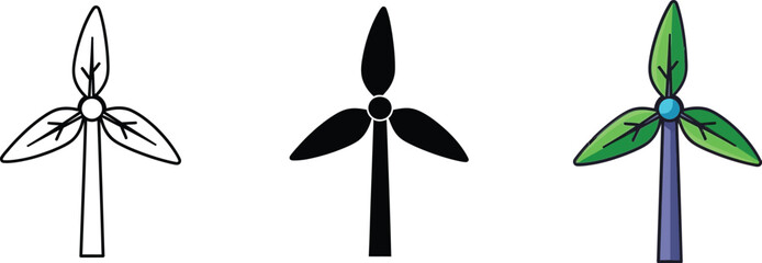 Sustainable energy wind turbine icon set featuring leaf-like blades in various styles isolated on white background, Vector