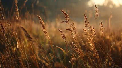 Fototapeta premium Golden Grass Field at Sunset