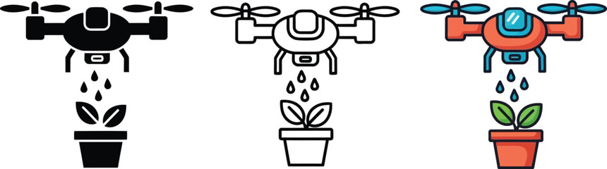 Agricultural drone watering a potted plant, illustrating smart farming technology isolated on white background, Vector
