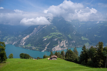 Switzerland Alps cabin overlooking Lake Lucerne Urnersee